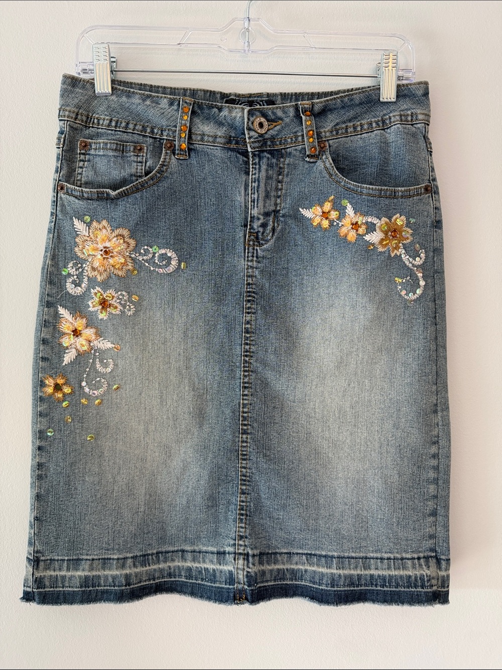 Angels Blue Denim Skirt with Yellow Floral Embroidery